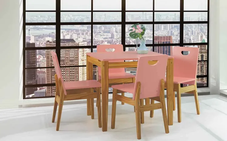 MESA DE JANTAR 4 CADEIRAS TUCUPI 80CM ACABAMENTO STAIN NÓZES E ROSA CORAL