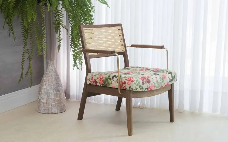 POLTRONA PALHINHA MODERNA LAVANDA AÇO DOURADO VERNIZ CAPUCCINO TEC.1860 FLORAL 63,5X64X78 CM