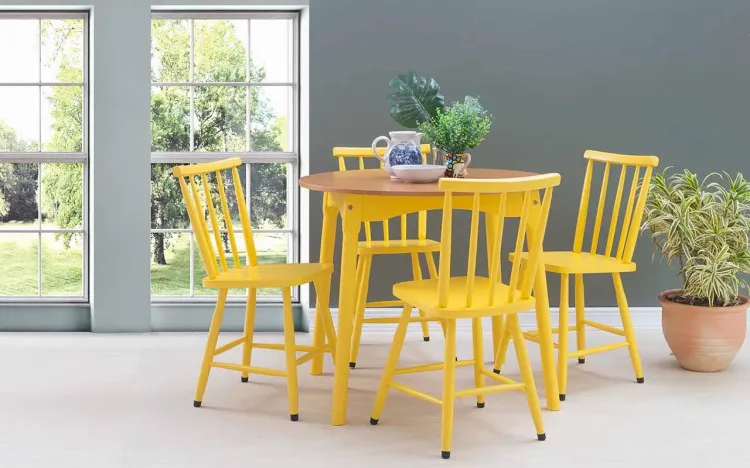 MESA DE JANTAR REDONDA 4 LUGARES MIMO 90CM VERNIZ JATOBÁ E LACA AMARELO