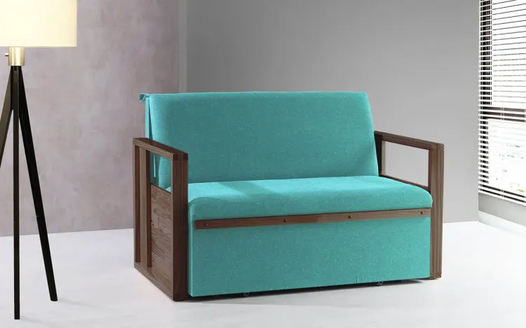 SOFÁ CAMA COMPACTO PARA CASAL AKROPI - SOFÁ BICAMA ESTOFADO VERNIZ CASTANHO TECIDO TURQUESA - 128X90X85CM