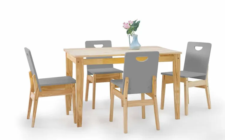 MESA COM 4 CADEIRAS DE JANTAR TUCUPI 120CM ACABAMENTO STAIN NATURAL E CINZA CONCRETO