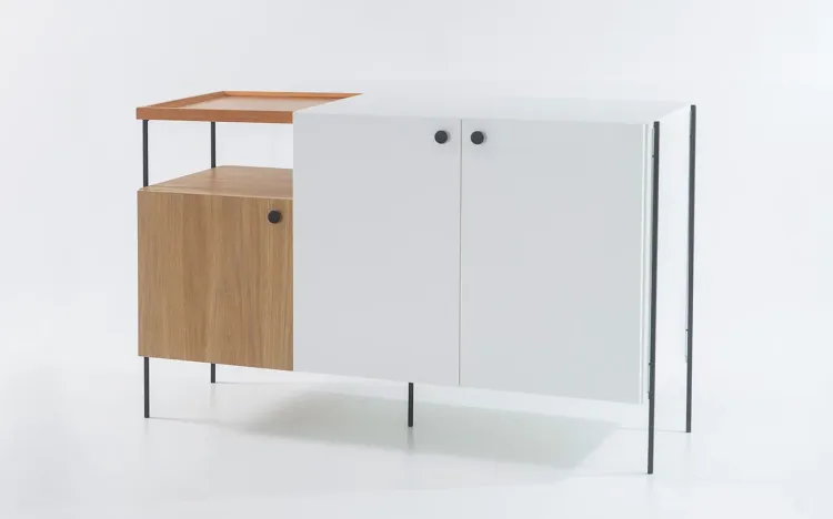 ARMÁRIO BUFFET 3 PORTAS COM NICHO E TAMPO DE MADEIRA PÉS DE METAL TRAY MDF BRANCO E DUAL 122,5X41,5X75 CM