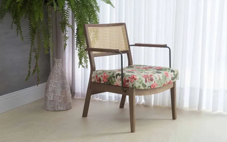 POLTRONA DECORATIVA COM METAL LAVANDA AÇO PRETO VERNIZ CAPUCCINO TEC.1860 FLORAL 63,5X64X78 CM
