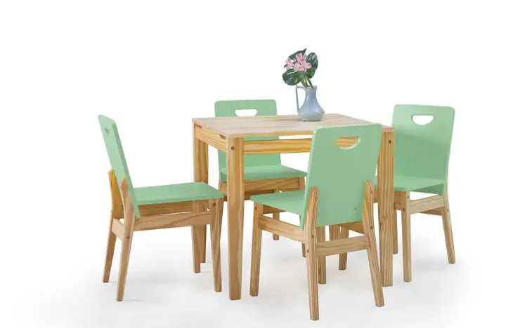 CONJUNTO DE MESA DE JANTAR COM 4 CADEIRAS TUCUPI 80CM ACABAMENTO STAIN NATURAL E VERDE SÁLVIA