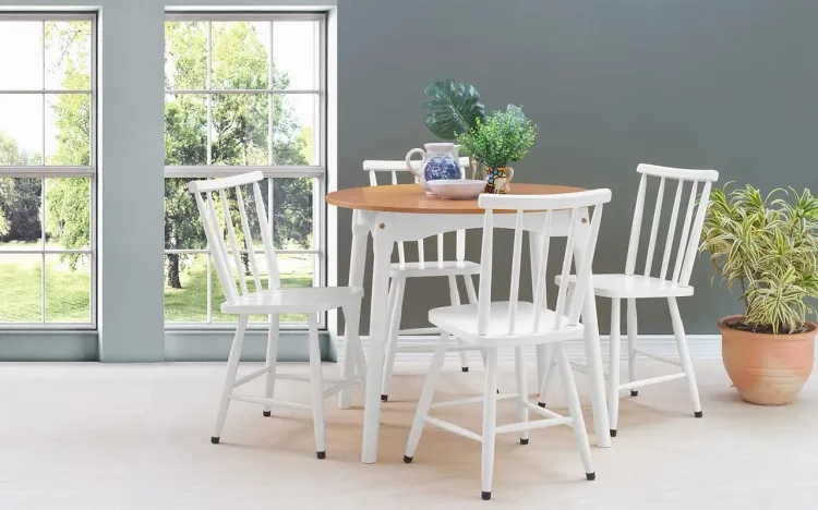 SALA DE JANTAR PEQUENA REDONDA COM MESA E 4 CADEIRAS MIMO 90CM VERNIZ JATOBÁ E LACA BRANCO