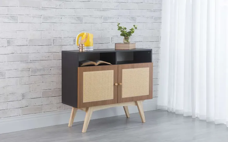 ARMÁRIO BUFFET 2 PORTAS COM PALHINHA COM NICHO DOLORES PRETO COM FREIJÓ E TAEDA 90x35x79 CM