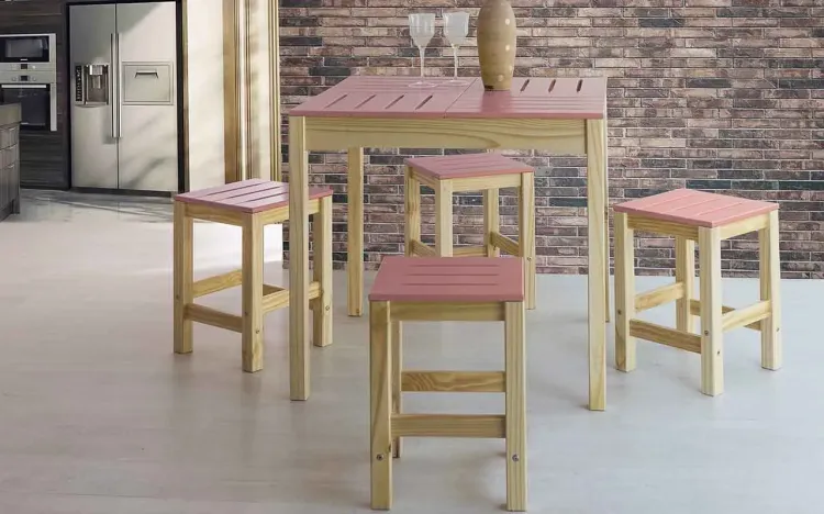 CONJUNTO BISTRÔ GOURMET BAIXO DE MADEIRA MACIÇA TAEDA COM TAMPO COLORIDO OLGA VERNIZ NATURAL E ROSA CORAL 80X80X75CM