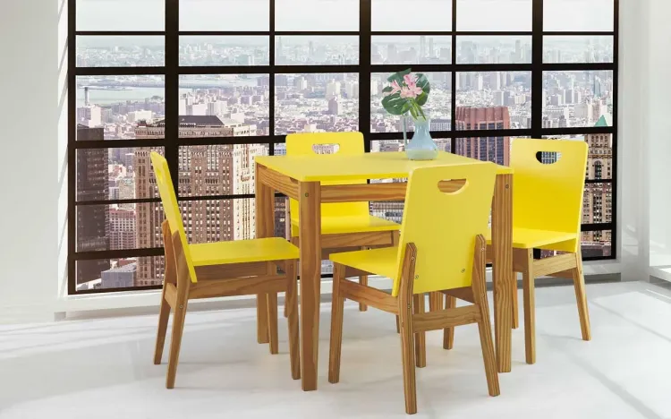 MESA COM 4 CADEIRAS DE JANTAR TUCUPI ACABAMENTO STAIN NOZES E LACA AMARELO 80CM 