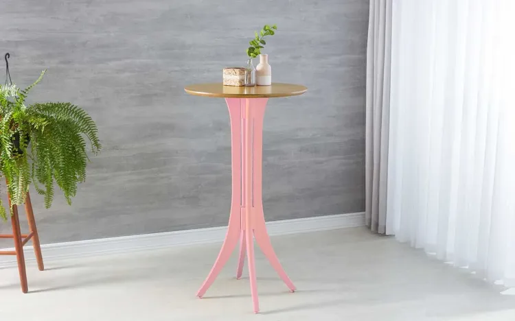 MESA DE MADEIRA MACIÇA ALTA GOURMET REDONDA JULIETTE 60x60X107CM AMÊNDOA E ROSA BEBÊ
