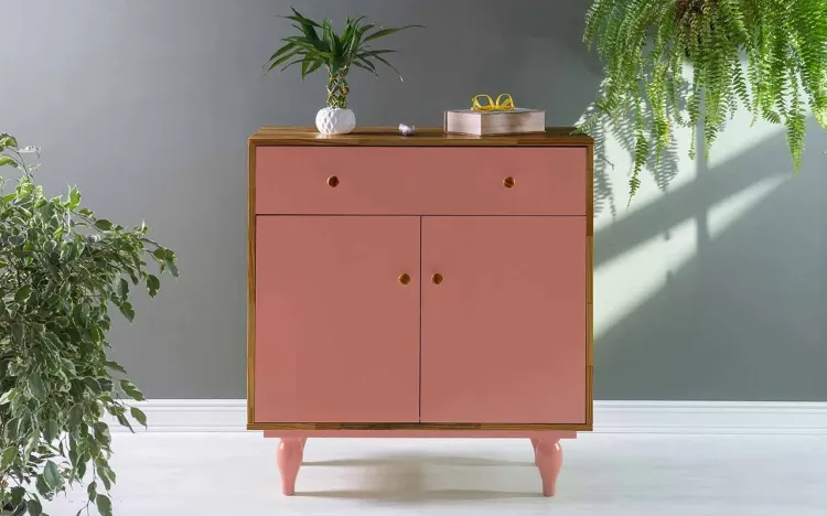 BALCÃO COM GAVETA E 2 PORTAS SIDERAL PUXADOR BOLINHA CAPUCCINO E ROSA CORAL 90X48X98 CM
