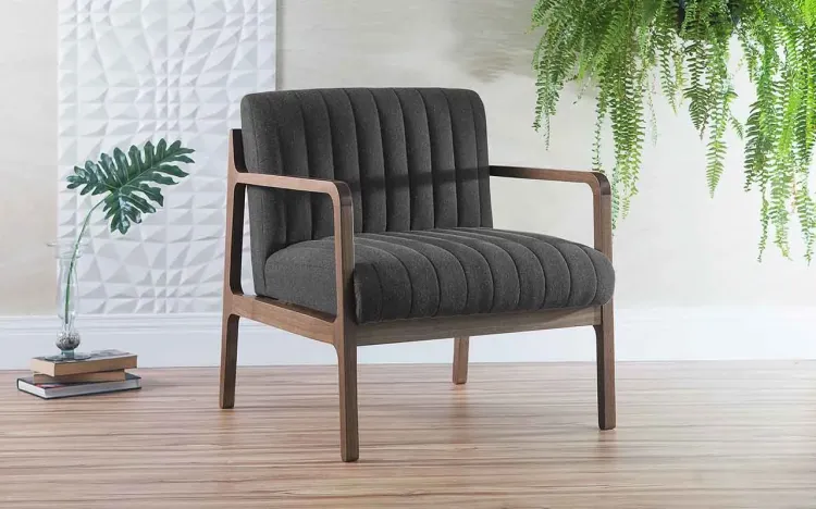 POLTRONA DECORATIVA DE MADEIRA ESTOFADA CANELA VERNIZ CAPUCCINO TEC.999 PRETO 69X71X79 CM