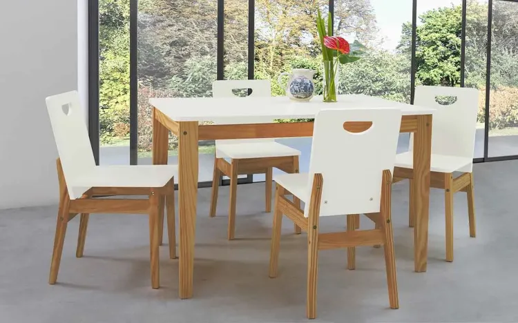 MESA COM 4 CADEIRAS DE JANTAR TUCUPI ACABAMENTO STAIN NOZES E LACA BRANCO 120CM