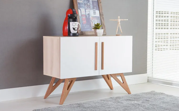 ARMÁRIO BALCÃO BUFFET MADEIRADO PARA SALA DE JANTAR 2 PORTAS BRANCAS ESTILO RETRÔ VINTAGE FREDDIE 90x35x64,7 CM