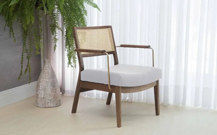 POLTRONA PARA QUARTO COM PALHINHA LAVANDA AÇO DOURADO VERNIZ CAPUCCINO TEC.915 CINZA CLARO 63,5X64X78 CM