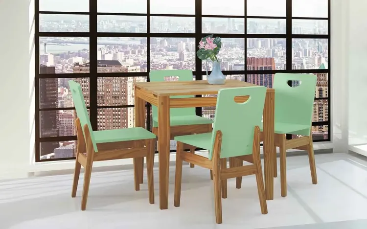 CONJUNTO DE MESA DE JANTAR COM 4 CADEIRAS TUCUPI 80CM ACABAMENTO STAIN NÓZES E VERDE SÁLVIA
