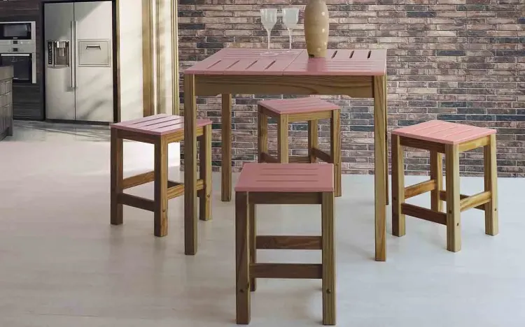 CONJUNTO BISTRÔ GOURMET BAIXO DE MADEIRA MACIÇA TAEDA COM TAMPO COLORIDO OLGA VERNIZ CAPUCCINO E ROSA CORAL 80X80X75CM