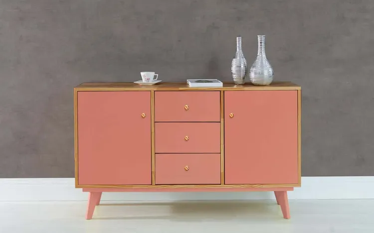 BUFFET PARA SALA DE JANTAR COM GAVETA E 2 PORTAS PUXADOR BOLINHA CELESTE NÓZES E ROSA CORAL 133X40X79,5 CM