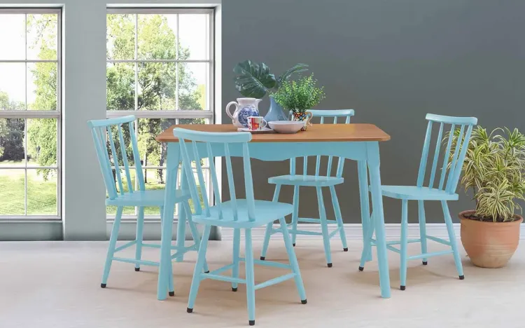 CONJUNTO DE MESA DE JANTAR COM 4 CADEIRAS MIMO 110CM VERNIZ JATOBÁ E LACA AZUL BEBÊ