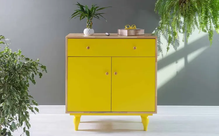 ARMÁRIO 2 PORTAS COM GAVETA SIDERAL PUXADOR BOLINHA NATURAL E AMARELO 90X48X98 CM