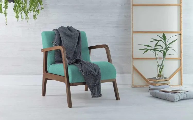POLTRONA DE MADEIRA DECORATIVA ALFAZEMA VERNIZ CAPUCCINO TEC.950 AZUL TURQUESA 60,3X73X77 CM