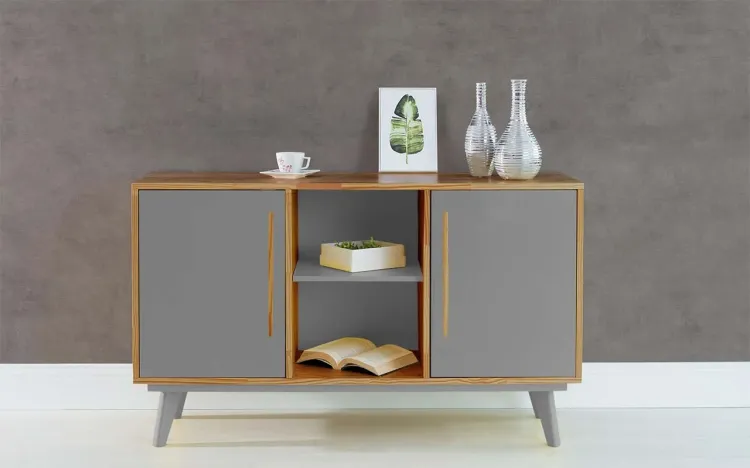 BUFFET PARA SALA DE JANTAR COM PRATELEIRA E 2 PORTAS CELESTE NÓZES E CINZA CONCRETO 133X40X79,5 CM