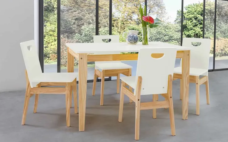 MESA COM CADEIRAS TUCUPI ACABAMENTO STAIN NATURAL E LACA BRANCO 120CM