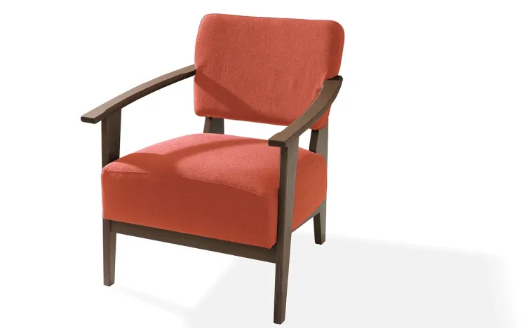 POLTRONA MODERNA DE MADEIRA COM PÉS PALITO ESTOFADA E COM BRAÇOS SALMÃO SAMAMBAIA VERNIZ CAPUCCINO TEC.918 - 72x66x82 CM