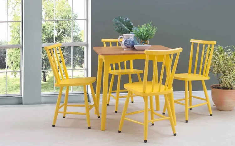 CONJUNTO DE MESA DE JANTAR COM 4 CADEIRAS MIMO 80CM VERNIZ JATOBÁ E LACA AMARELO