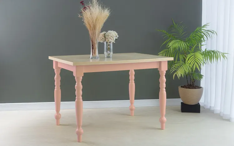 MESA DE MADEIRA RÚSTICA CAMPESINA 110X80X75 CM TAMPO NATURAL PÉS LACA ROSA BEBÊ
