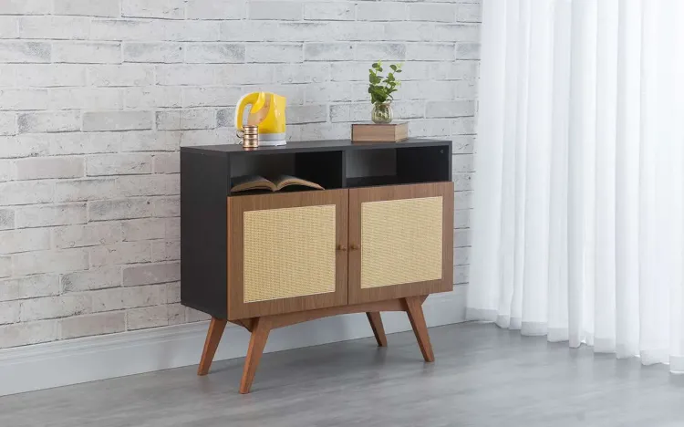 BALCÃO BUFFET DE PALHINHA 2 PORTAS COM NICHO DOLORES PRETO COM FREIJÓ E JATOBÁ 90x35x79 CM