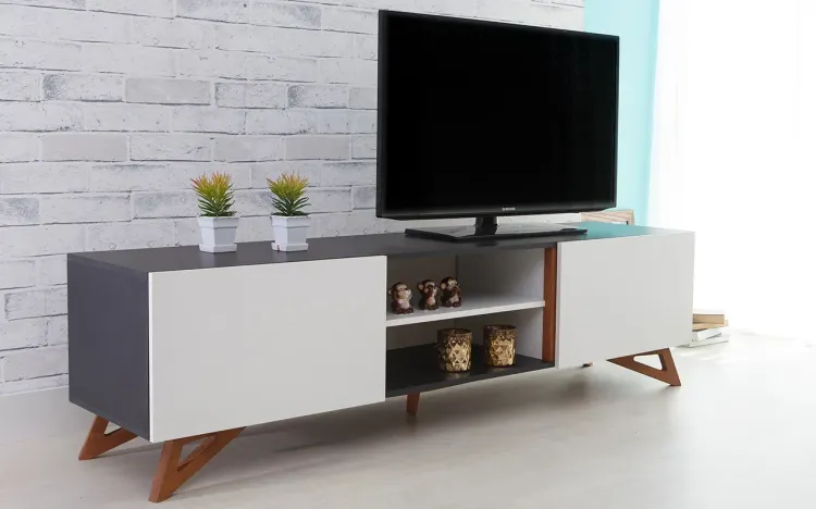 RACK TV PRETO MODERNO VINTAGE RETRÔ COM 2 PORTAS BRANCA FREDDIE - 180x43,6x48,5 CM