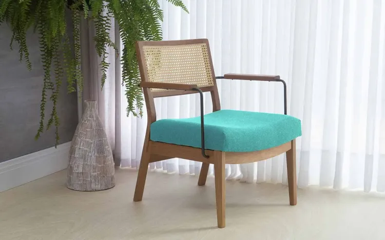 POLTRONA PARA QUARTO COM PALHINHA LAVANDA AÇO PRETO VERNIZ AMENDOA TEC.950 AZUL TURQUESA 63,5X64X78 CM