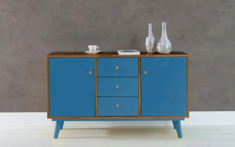 ARMÁRIO PÉS PALITO COM GAVETA E 2 PORTAS PUXADOR BOLINHA CELESTE - CAPUCCINO E AZUL 133X40X79,5 CM