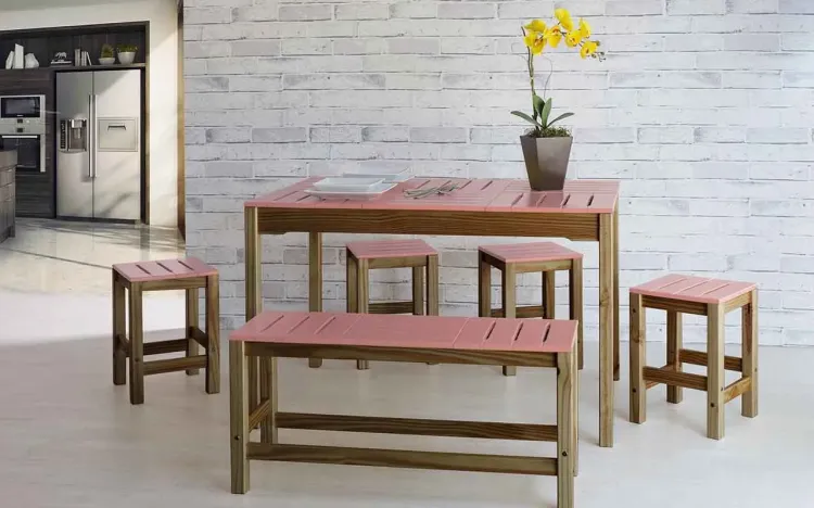 CONJUNTO GOURMET BISTRÔ BAIXO DE MADEIRA MACIÇA TAEDA COM TAMPO COLORIDO OLGA VERNIZ CAPUCCINO E ROSA CORAL 120X80X75CM