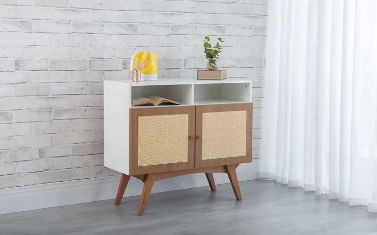 ARMÁRIO BUFFET 2 PORTAS DE PALHINHA COM NICHO DOLORES BRANCO COM FREIJÓ E JATOBÁ 90x35x79 CM