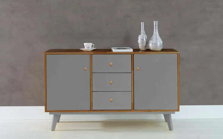 ARMÁRIO PÉS PALITO COM GAVETA E 2 PORTAS PUXADOR BOLINHA CELESTE CAPUCCINO E CINZA CONCRETO 133X40X79,5 CM