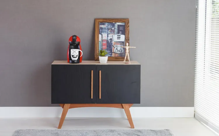 ARMÁRIO BALCÃO BUFFET MADEIRADO PARA SALA DE JANTAR 2 PORTAS PRETAS ESTILO RETRÔ VINTAGE DOLORES 90x35x64,7 CM