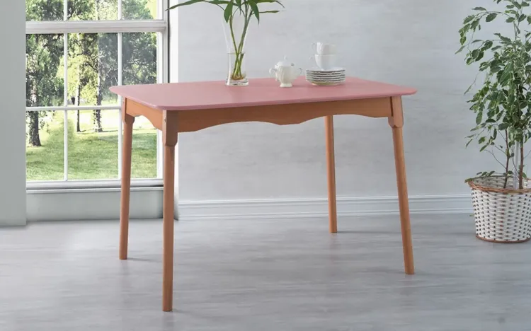 MESA DE JANTAR RETRÔ MIMO BASE VERNIZ JATOBÁ E TAMPO LACA ROSA CORAL 110X80X76CM
