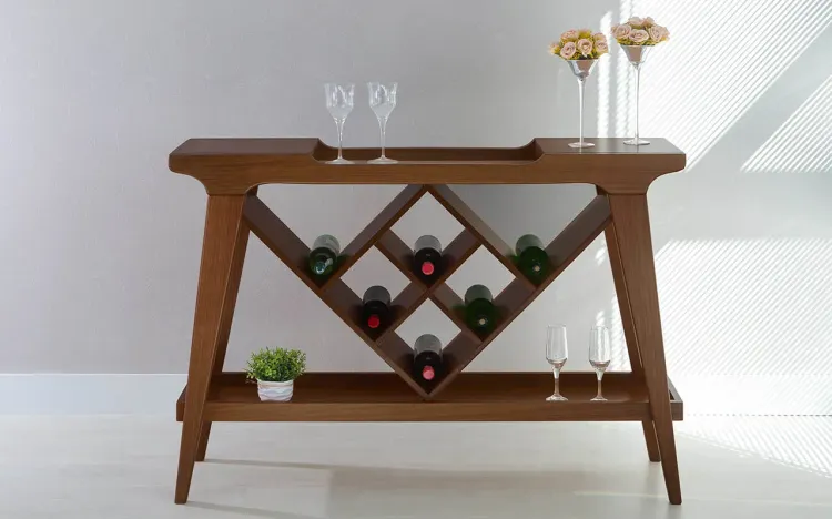 APARADOR BAR COM ADEGA GOURMET DE MADEIRA MACIÇA COM TAMPO ESPELHADO PUBI VERNIZ CAPUCCINO 130X33X90CM