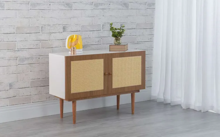 BALCÃO BUFFET DE PALHINHA 2 PORTAS CHARLIE BRANCO COM FREIJÓ E JATOBÁ 90x35x64,7 CM