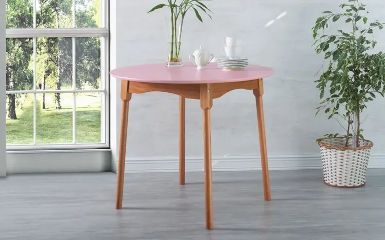 MESA DE COZINHA REDONDA MIMO BASE VERNIZ JATOBÁ E TAMPO LACA ROSA BEBÊ 90x90x76 CM