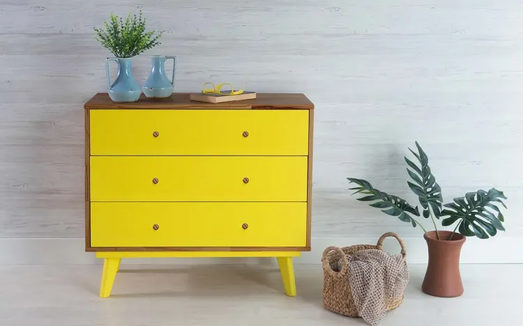 CÔMODA PEQUENA 3 GAVETAS DE MADEIRA MACIÇA RETRÔ CELESTE PUXADOR BOLINHA CAPUCCINO E AMARELO 90X40X79,5CM
