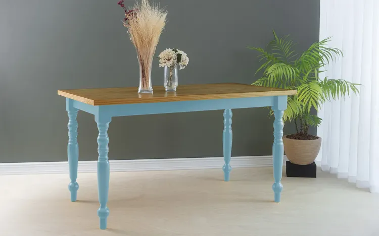 MESA DE JANTAR MADEIRA PARA 6 LUGARES CAMPESINA 140X80X75 CM TAMPO NÓZES PÉS LACA AZUL BEBÊ