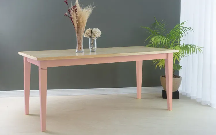 MESA MADEIRA FRISO 180X80X75 CM TAMPO NATURAL PÉS LACA ROSA BEBÊ