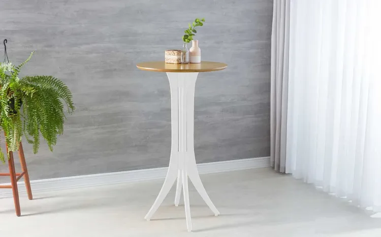 MESA BRANCA ALTA GOURMET DE MADEIRA MACIÇA REDONDA JULIETTE 60x60X107CM AMÊNDOA E BRANCO