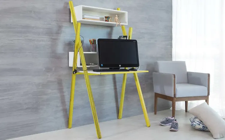 ESCRIVANINHA PARA QUARTO PEQUENO BRANCA E MADEIRA AMARELA DESIGN MODERNO SUE WOODINN - 87x62x158 CM