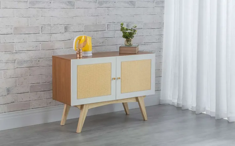 BALCÃO 2 PORTAS COM PALHINHA PARA SALA DE JANTAR DOLORES FREIJÓ COM BRANCO E TAEDA 90x35x64,7 CM
