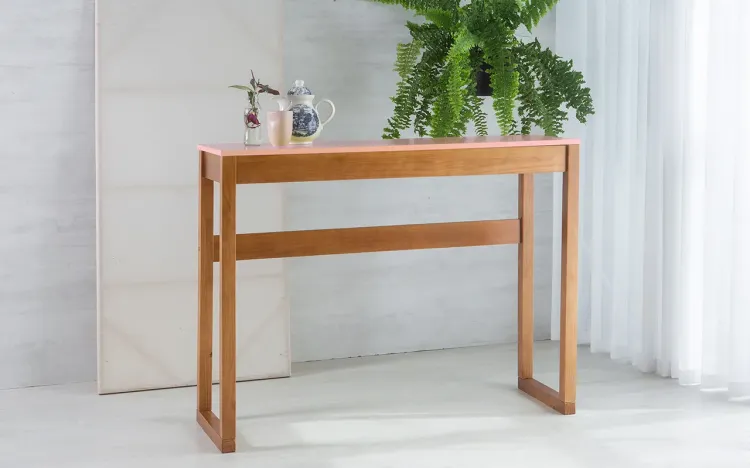 MESA ALTA BISTRÔ DE MADEIRA TAEDA COM TAMPO MDF MACIÇO OLGA VERNIZ CAPUCCINO E ROSA BEBÊ 120X43X93,5CM