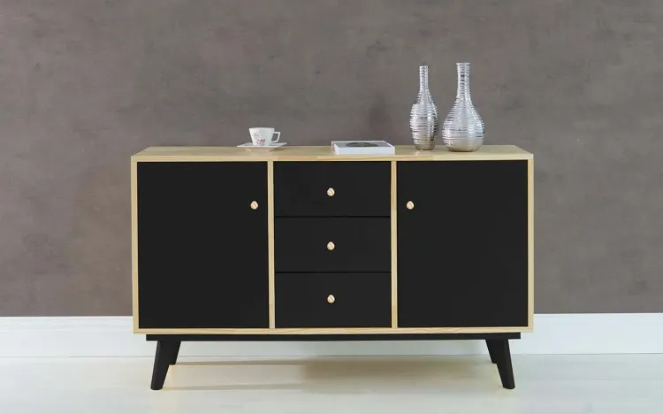 ARMÁRIO PÉS PALITO COM GAVETA E 2 PORTAS PUXADOR BOLINHA CELESTE - NATURAL E PRETO 133X40X79,5 CM