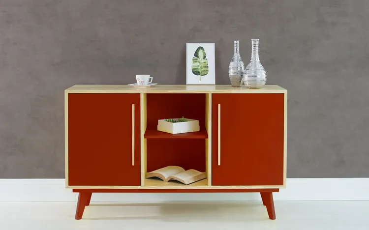 BUFFET PARA SALA DE JANTAR COM PRATELEIRA E 2 PORTAS CELESTE NATURAL E VERMELHO 133X40X79,5 CM